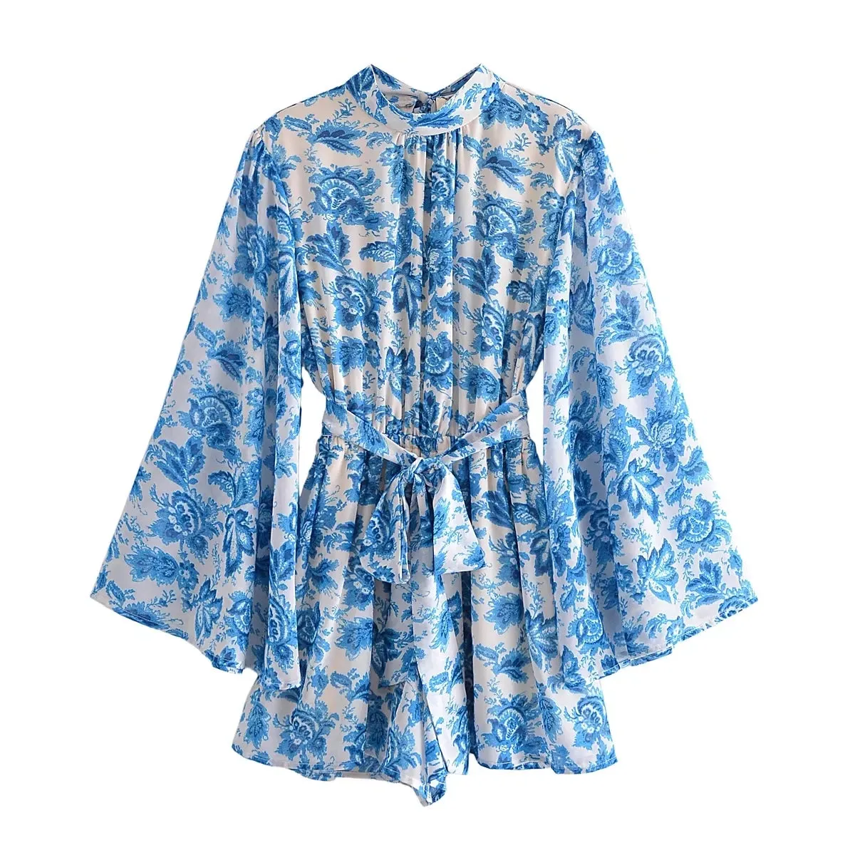 Znbbw Backless Floral Print Boho Pink Romper Playsuit Women Wide Leg Beach Pink Loose Romper Stand Collar Flare Sleeve Overall - Image 3