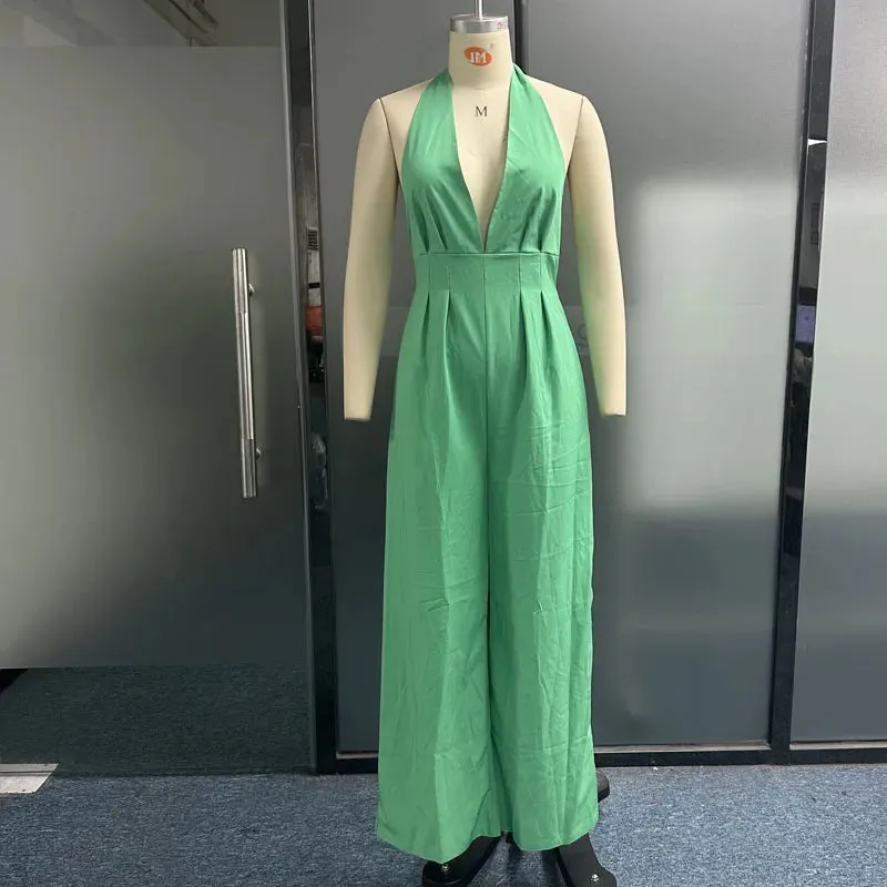 Znbbw Women Jumpsuit Fashion Solid Halter Lace Up Leaky Back Nipped Waist Casual Loose Wide Legs Pants Romper High Streetwear - Image 6