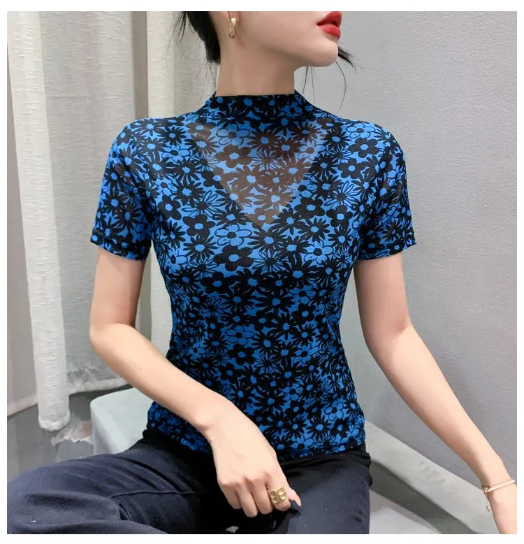 Znbbw Autumn Mesh Tshirts Women Short Sleeve Half Turtleneck Printed Floral Tees Girls Slim Elastic T Shirts Tops BH3878 - Image 2