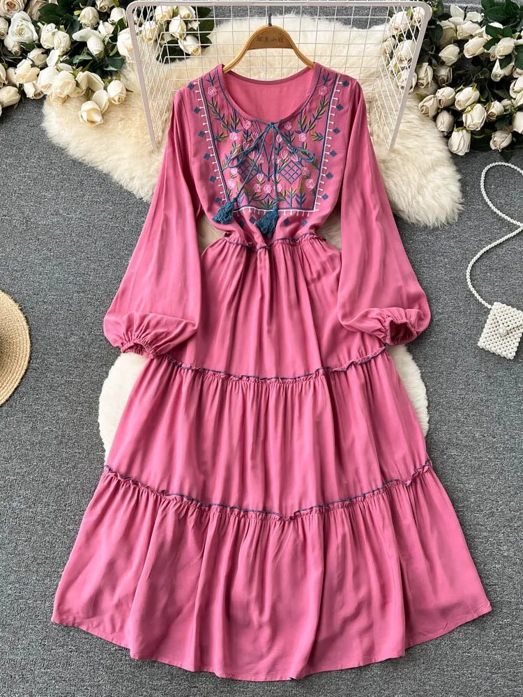 Znbbw Women Spring Autumn Dress Seaside Holiday Embroidered Round Neck French Waist Beautiful White Midit Vestidos D1693 - Image 3