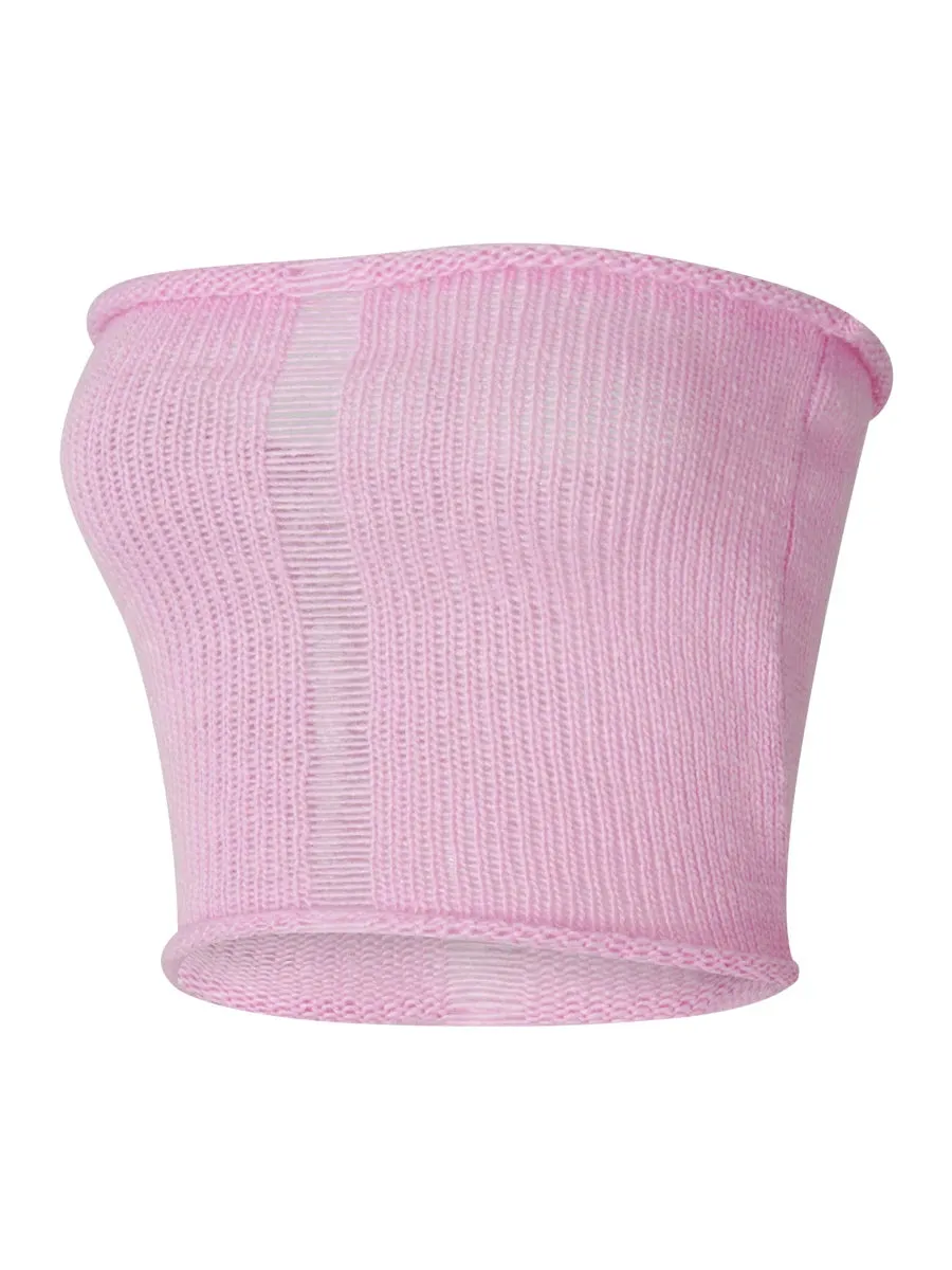 Znbbw Women Pink Wrap Chest Tube Tops Solid Color Knitted Hollow-Out Boat Neck Strapless y2k Tank Tops Summer Backless Bandeau Tops - Image 2