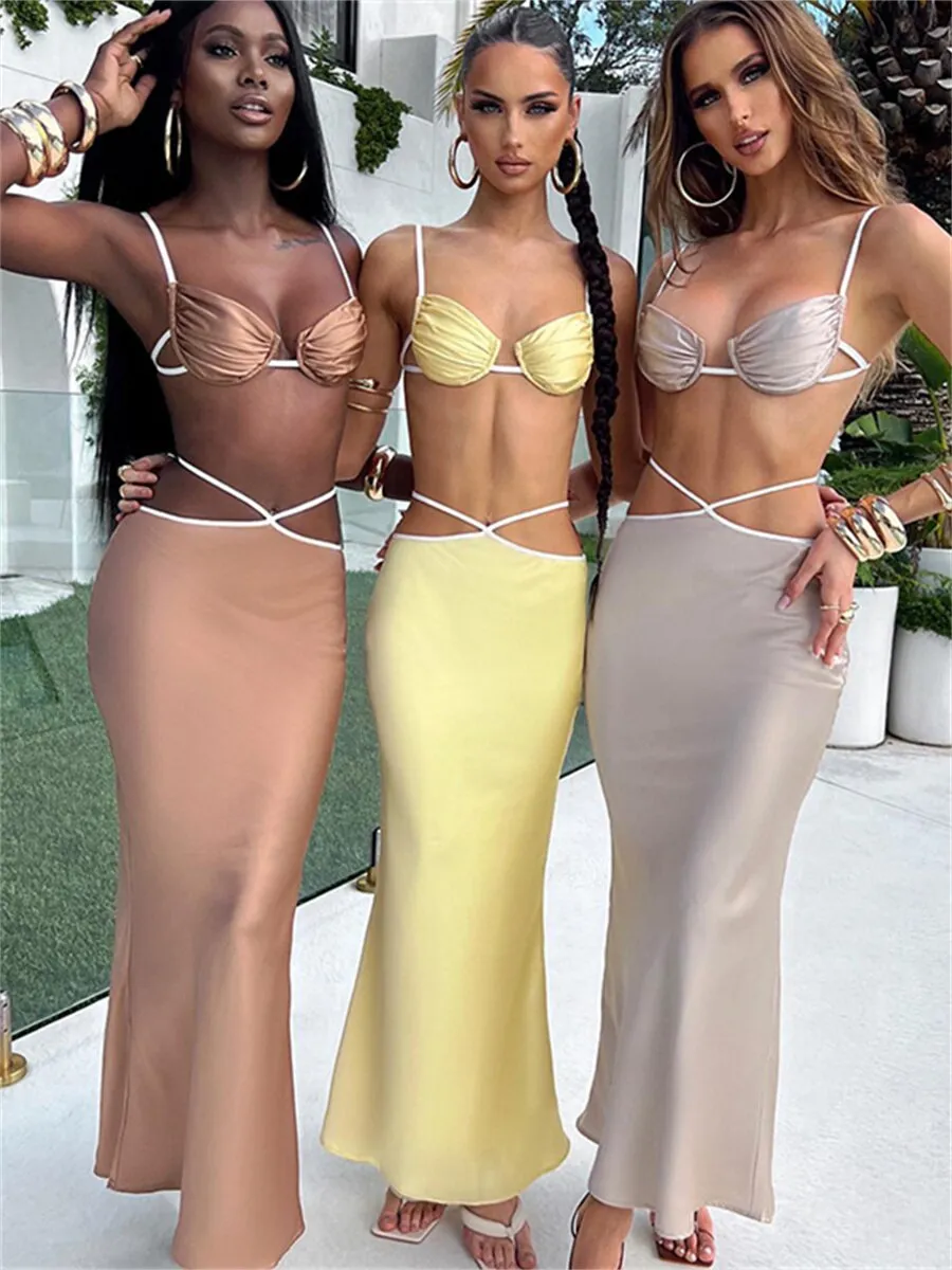 Znbbw Women Two-Piece Satin Skirt Suits Summer Sexy Backless Tie-Up Sling Camisole Low Waist Hollow Out Long Bodycon Skirt Set - Image 2