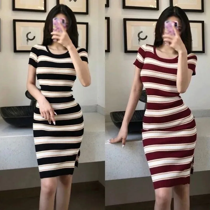 Znbbw Women's Dress  Hip Striped Elegant Short-sleeved  Knit Crew Neck Dress - Image 6