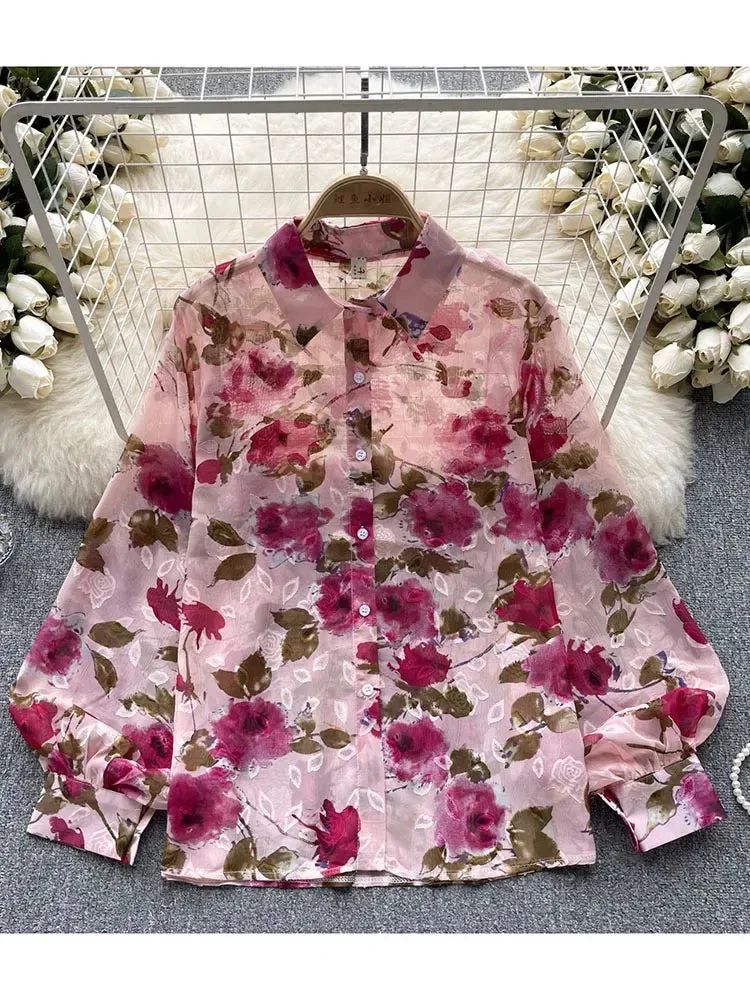 Znbbw Women Spring Shirt Korean Version Temperament High-end Floral Shirt with Bubble Sleeve Design Niche and Unique Top D5053 - Image 12