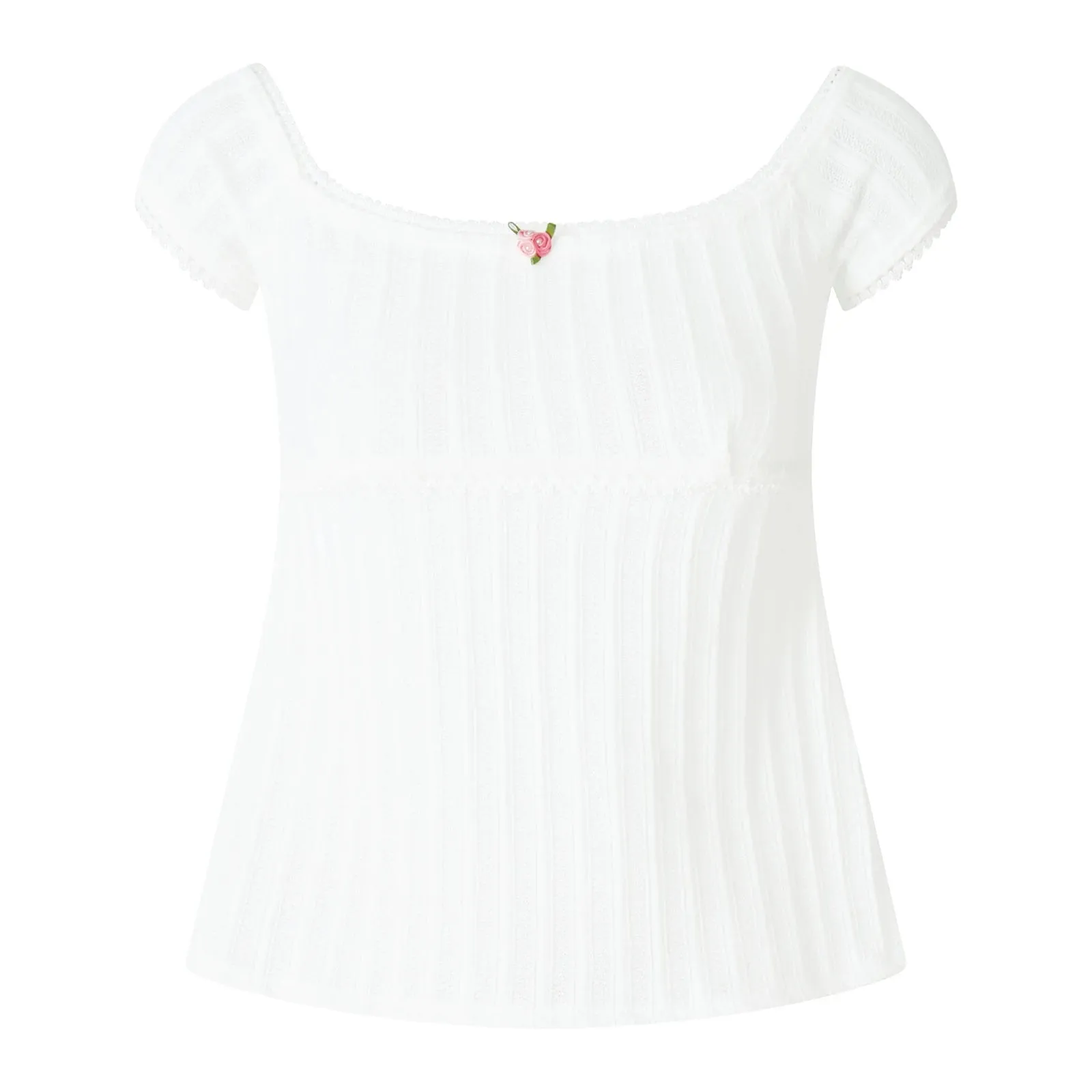 Znbbw Women Summer Sweet Lace Trim Floral Ribbed T-shirts O-neck Short Sleeve Slim Crop Top Y2K Aesthetic Fairy Grunge Tees Streetwear - Image 2