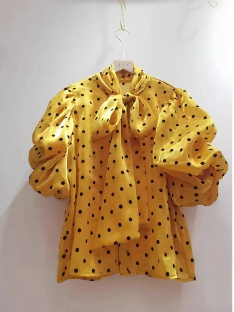 Znbbw Bow Shirts & Blouses Contrast Dot Print Blusas 2024 New Puff Sleeve Camisas Korean Ropa Mujer Spring Summer Tops - Image 4