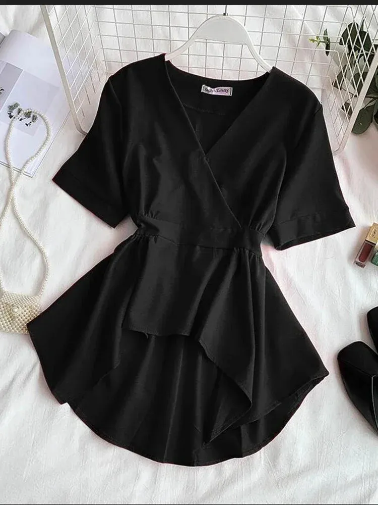 Znbbw Women's Shirt Korean Fashion Black Red Solid Color V-neck Short Sleeve Ruffled Tops Blouses GD471 - Image 6