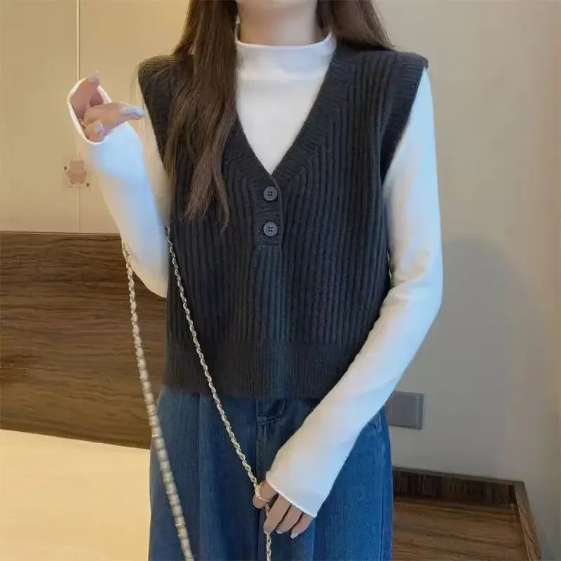 Znbbw Knitted Vest for Women's Spring and Autumn Design Sleeveless V-neck Sweater Japanese Style Is Lazy and Retro - Image 4