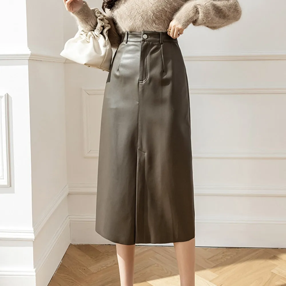 Znbbw Autumn Winter PU Leather Skirts For Women Elegant High Waist Wrap Hip Pencil Skirts Office Lady A-Line Midi Skirts - Image 4