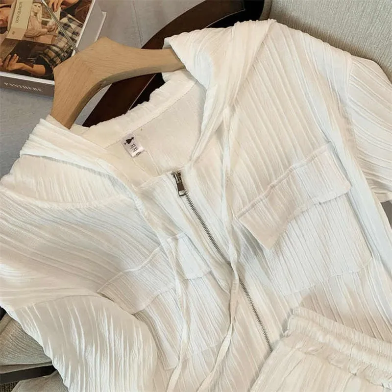 znbbw Women Summer Casual Solid Sports Sets Short Sleeve Hooded Pocket Tops+Loose Shorts White Simple Gym 2 Piece Suits Sportswear - Image 4