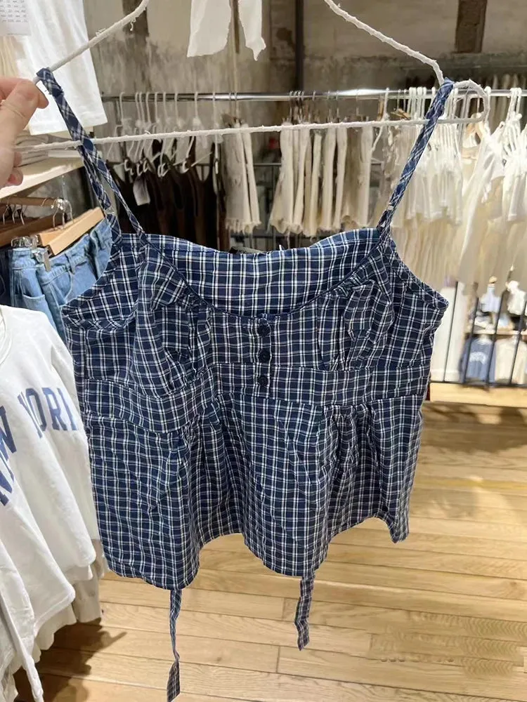 Znbbw Women Vintage Plaid Button Camis Top Cute Preppy Style Sleeveless Lace-up Cotton Tank Tops Female Casual Sweet Summer Vests 2024 - Image 4