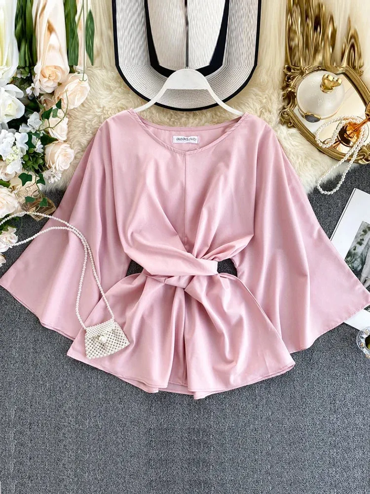 Znbbw Women's Shirt Spring Summer Tide Ins Super Fire Lacing Waist Lady Temperament Flare Sleeve Solid O-Neck Blouse Wild Top ML649 - Image 6