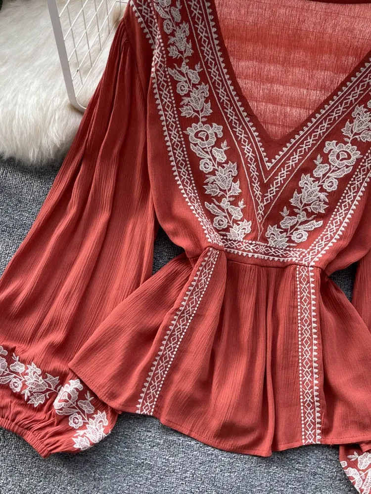 Znbbw Women Spring Summer Blouse French Minority Ruffle V-neck Lantern Sleeve Shirt Design Sense Printed Chic Temperament Top D2531 - Image 2