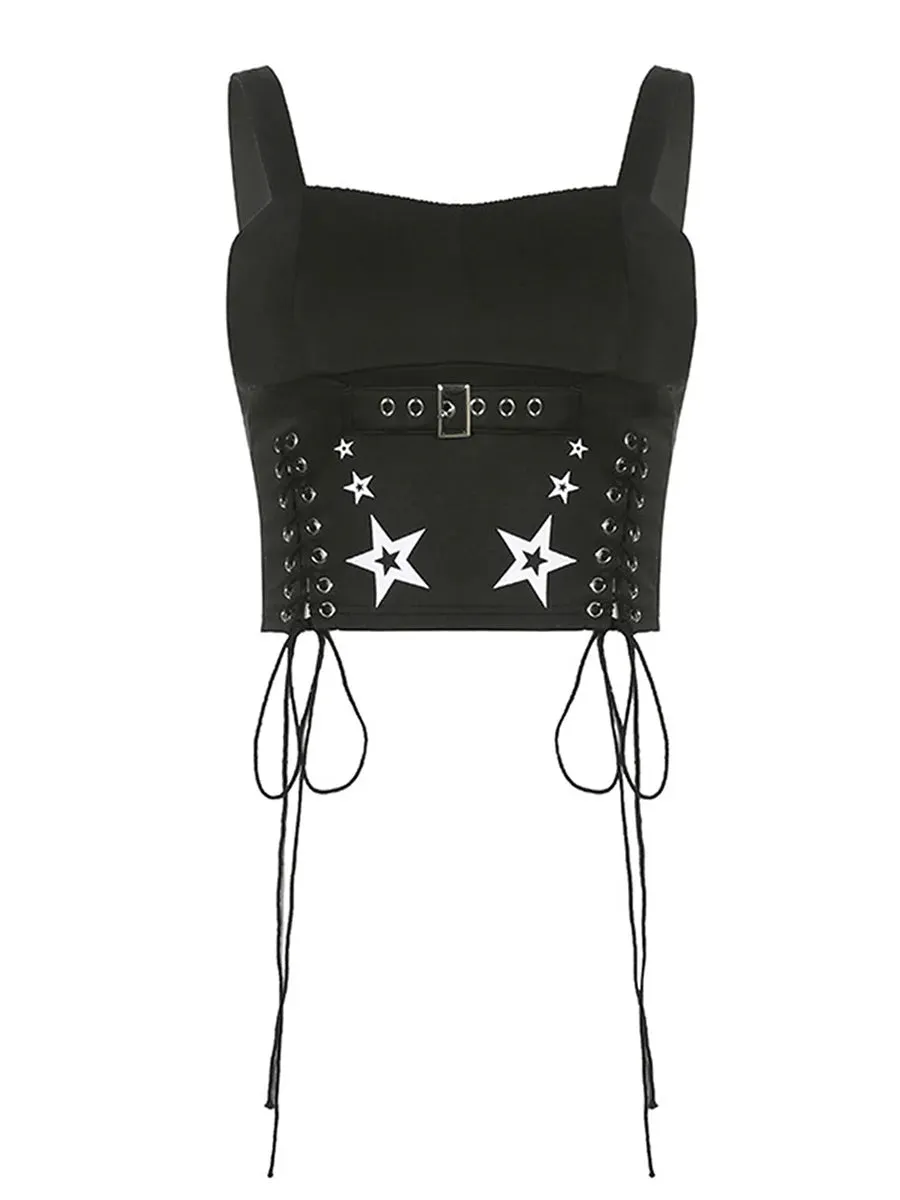 Znbbw Women Tank Tops Summer Gothic Punk Style Casual Star Print Bandage Crop Tops for Streetwear Club Wear - Image 4