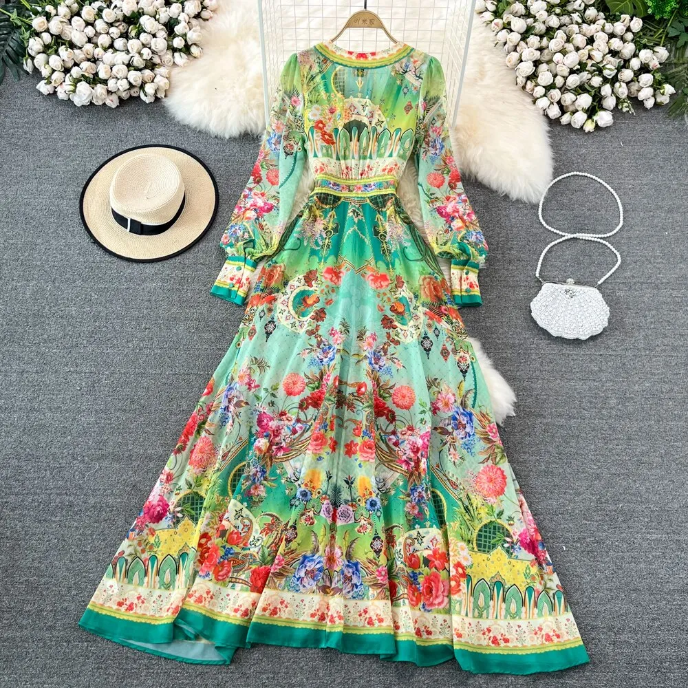Znbbw 2023 Summer Fashion Runway Elegant Chiffon Maxi Dress Women Deep V Neck Print Boho Holiday Party Long Dress N6878 - Image 2