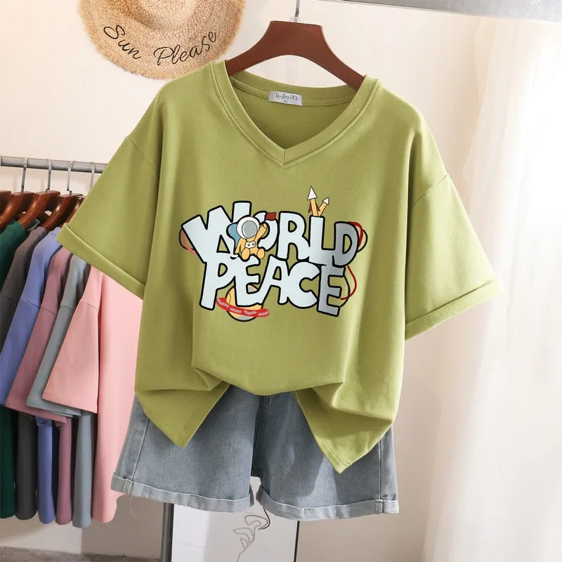 Znbbw 100 Cotton L-5XL T Shirt Plus Size Tshirt Short Sleeve Women Top Summer Letter Print Couple V Neck Oversized T Shirts - Image 9