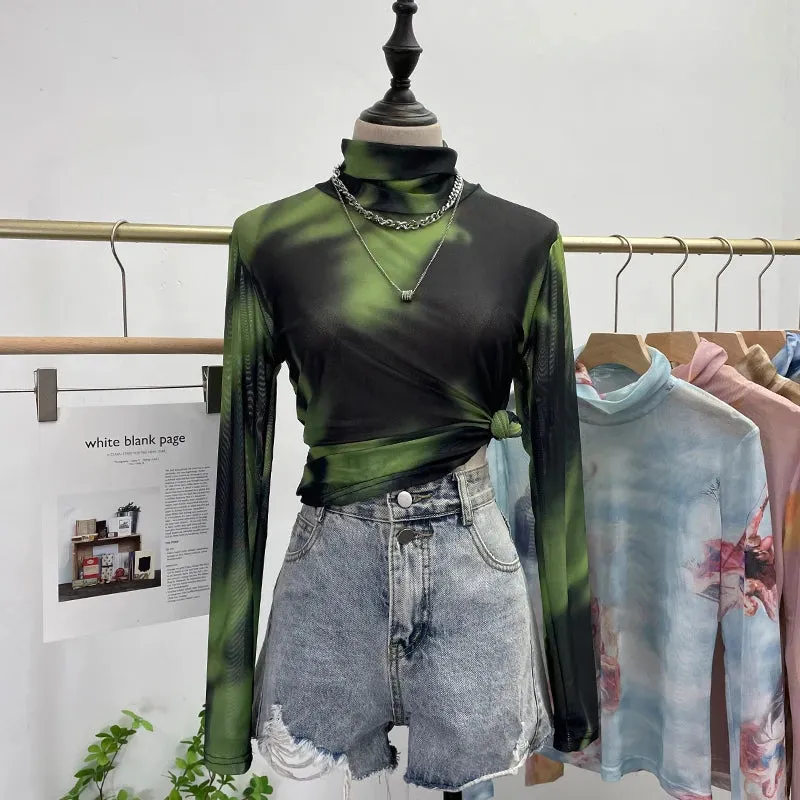 Znbbw Autumn Single-Layer Mesh Base T Shirt Girls Printed Full Sleeve Turtleneck Tees Slim Women See Through Tshirts - Image 11