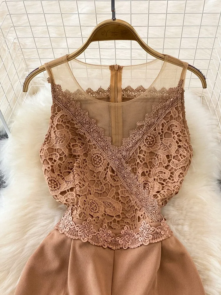 Znbbw Women Summer Jumpsuits Self-cultivation Fashionable Jumpsuit Round Neck Lace Panel Waist Tight Straight Jumpsuit Long Pant D2729 - Image 2