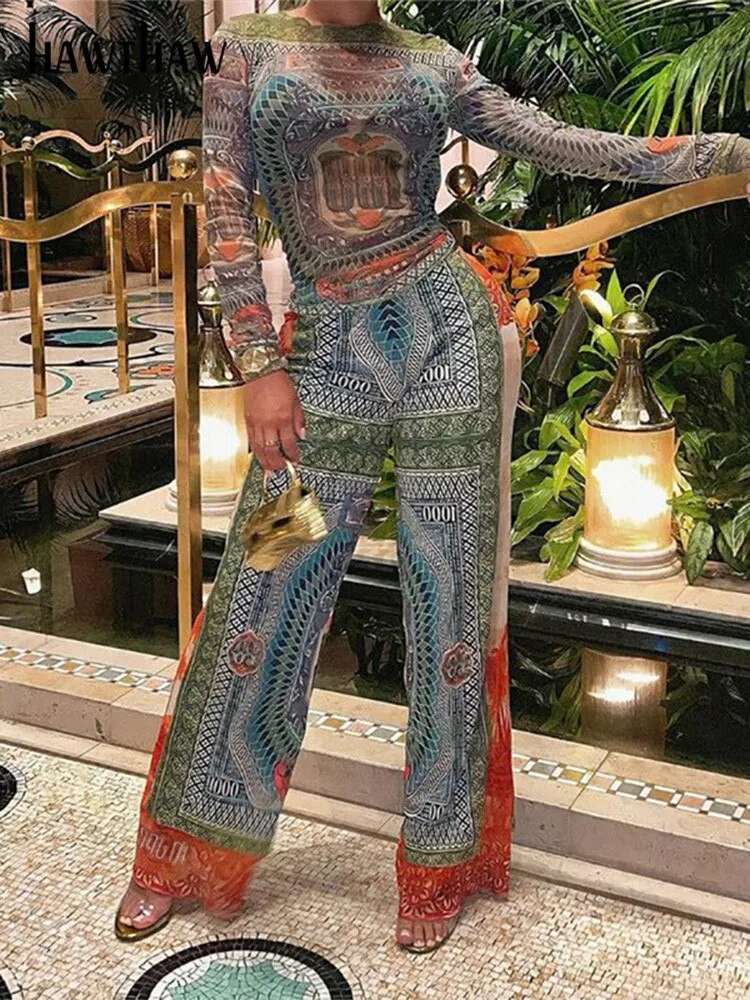 Znbbw Women Long Sleeve Mesh T Shirt Tops Long Pants Two Piece Sets Outfits 2023 Autumn Clothes Wholesale Items For Business - Image 2