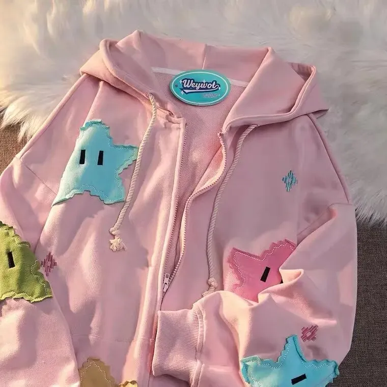 Znbbw Women Star Cartoon Patchwork Hoodies Autumn Y2K Long Sleeve Zipper Hooded Sweatshirts Female Casual Cute Oversized Jacket Coats