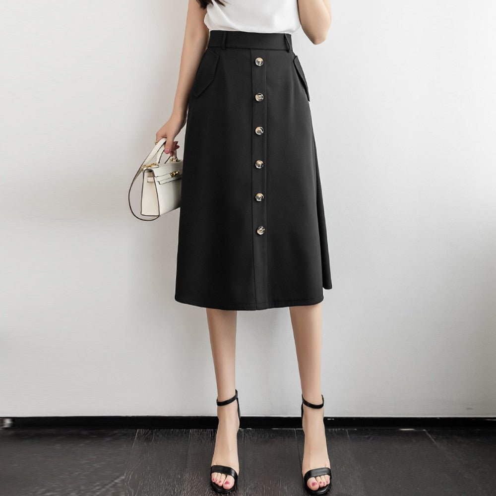 Znbbw Women's Skirts High Waist Single-Breasted Midi Skirts With Poakets Elegant Office All-Match Casual A-Line Skirts Jupe Femme - Image 6