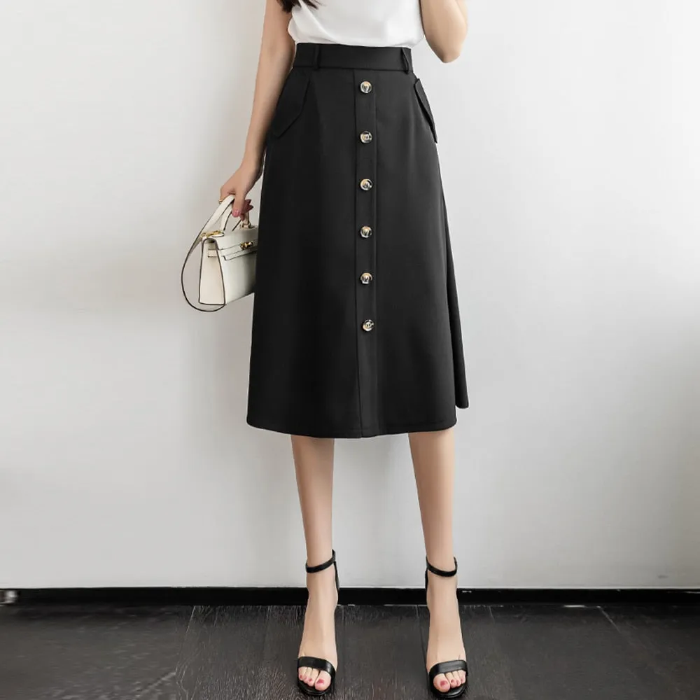 Znbbw Women's Skirts High Waist Single-Breasted Midi Skirts With Poakets Elegant Office All-Match Casual A-Line Skirts Jupe Femme 0410 - Image 6