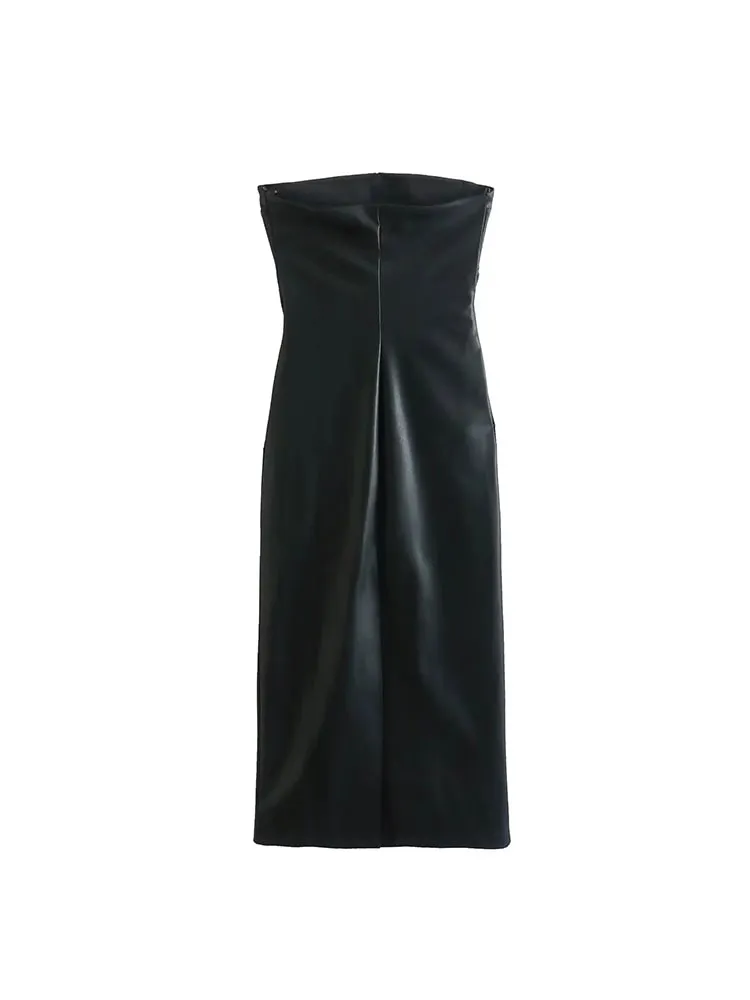 Znbbw 2023 Woman Imitation Leather Pleat Long Dress Slim Backless Sleeveless Vintage Split fork Elegant Dresses - Image 6