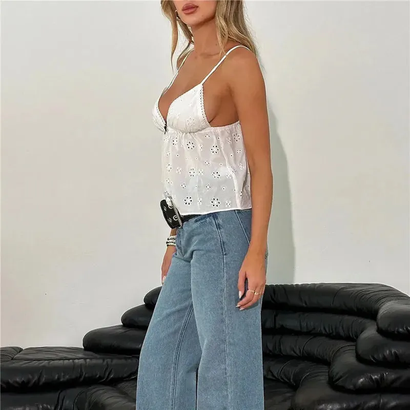 Znbbw Women Summer y2k Fairycore Grunge Sleeveless Crop Tops Flower Hollow Elegant Bow V-neck Tanks Camis Kawaii Aesthetic Tops - Image 2