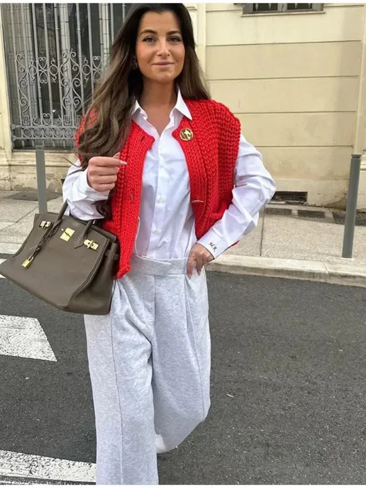 Znbbw Women Knit Cardigan Vest Casual Red Sleeveless O-neck Metal Button Sweater Tank Top Lady High Street Knitted Waistcoat - Image 2