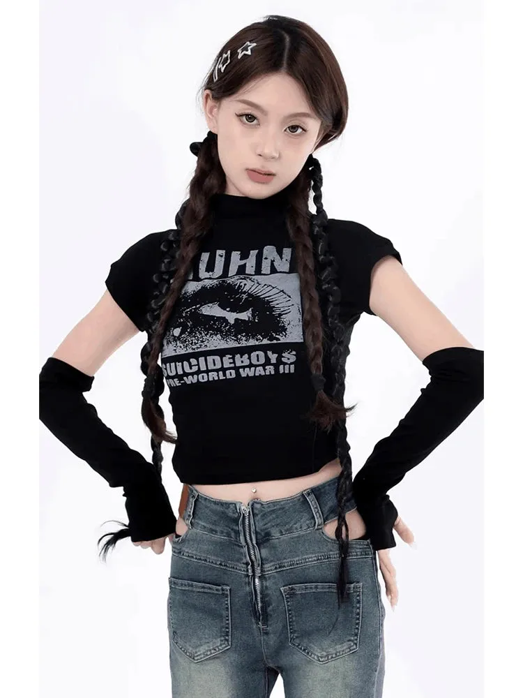 Znbbw Women's Red Letter Print T-shirt Harajuku Korean Y2k Top 2000s 90s Aesthetic Grunge Vintage Removable Sleeves T-shirts Clothes - Image 3