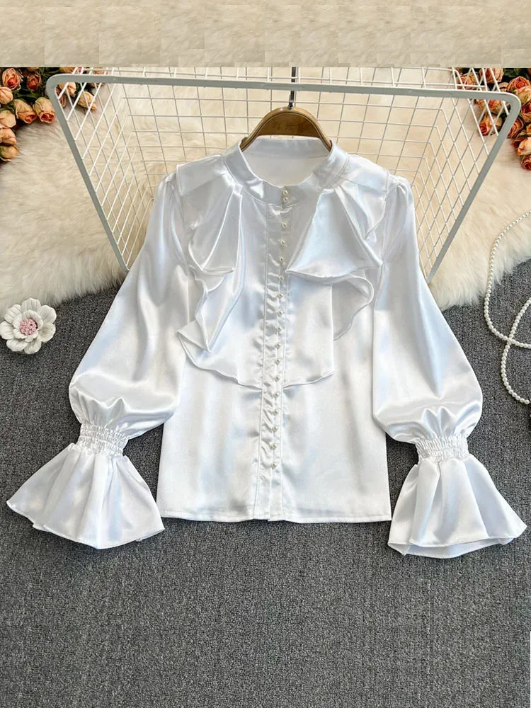 Znbbw Women New Spring Autumn Ruffled O-Neck Embroidered Flares Blouses Buttoned Ladies Temperament Trumpet Sleeves Shirt Tops D0489 - Image 5