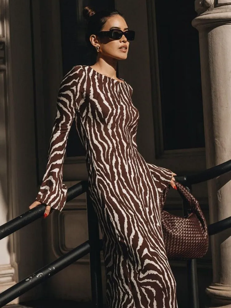 znbbw Autumn Elegant Zebra Print Maxi Dress For Women Sexy See Through Long Sleeve Bodycon Club Party Dress Spring Casual Dress - Image 6
