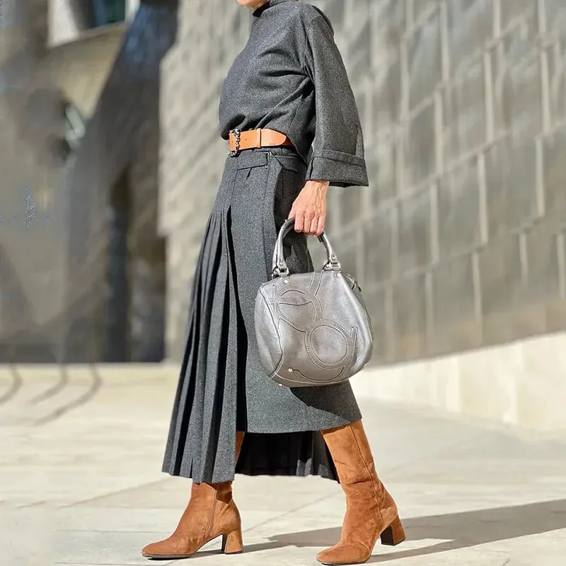 Znbbw 2 Piece Set Women Autumn Casual Solid Round Neck Long Sleeve Pullover Top Loose Irregular Pleated Skirt Sets Streetwear - Image 2