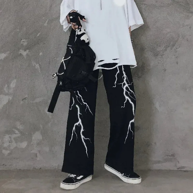 Znbbw Autumn Pants Lightning Print Casual Loose All Match Oversized Pantalones Draw String Punk Gothic Harajuku Y2k Clothes - Image 6