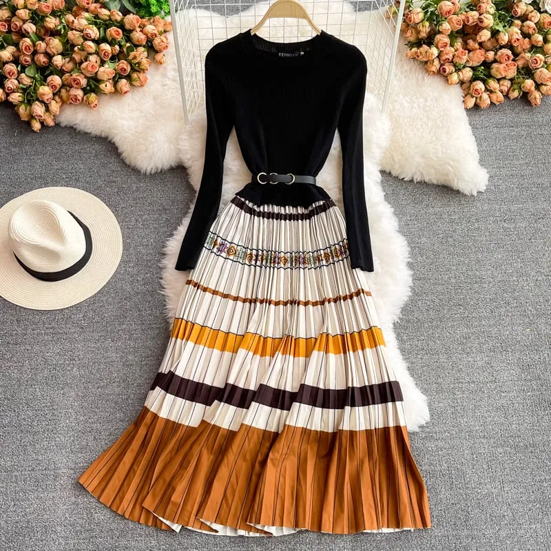 Znbbw Winter Elegant Knitted Patchwork Contrast Color Pleated Dress Women Long Sleeve Office Lady Sweater Dress With Belt - Image 3