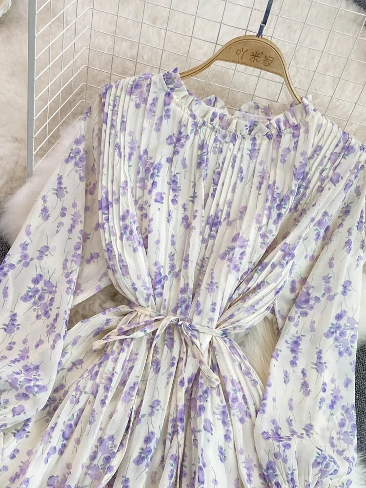 Znbbw Autumn Floral Gentle Fairy Dress Short Round Neck Bubble Long Sleeve Pleated Waist Thin A-line Vestidos Women D1441 - Image 3