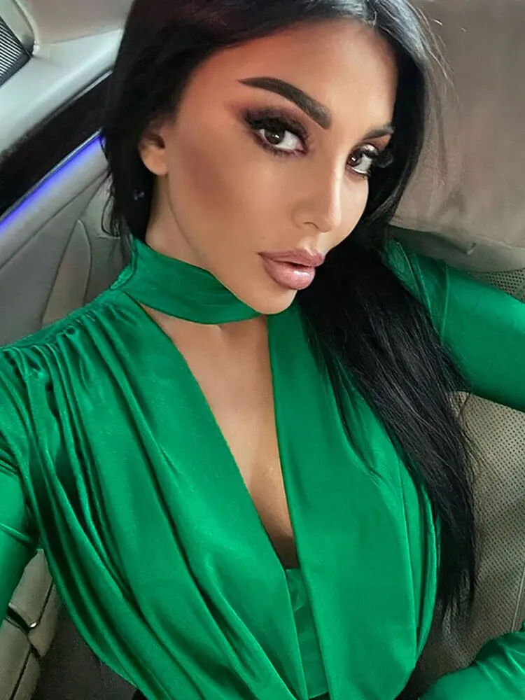 Znbbw 2023 New V Neck Pleated Women's Bodysuit Long Sleeve Solid Folds Top T-shirt Slim Romper Sexy jumpsuits & bodysuits - Image 3