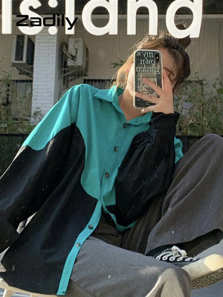 znbbw 2023 Summer Streetwear Oversize Patwork Long Sleeve Shirt Women Y2K Button Up Loose Ladies Shirts Tops Drop Shipping - Image 9