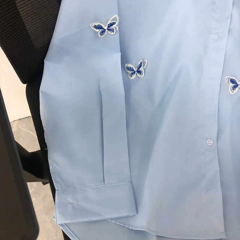 Znbbw Women Shirts Long Sleeve Butterfly Embroidered Blouses Spring Lapel Temperament Solid Female Blusas Basic Outwear Top - Image 4