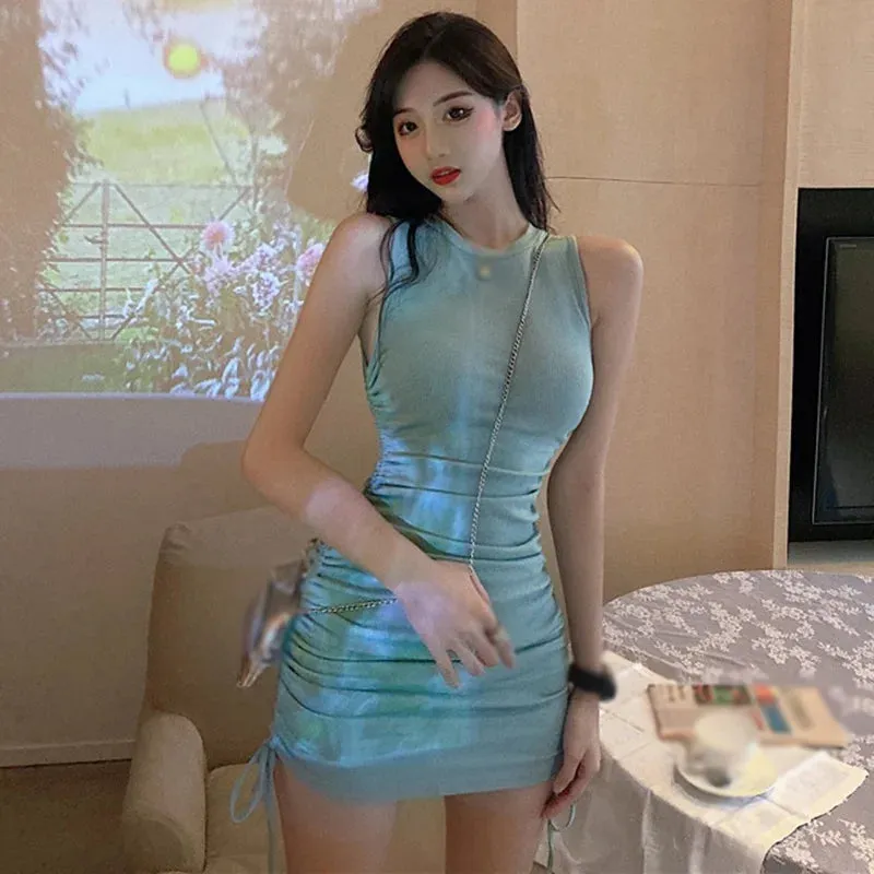 Znbbw Bag Hip Drawstring Sleeveless Fairy Summer Tight Short Skirt Temperament Small Dress