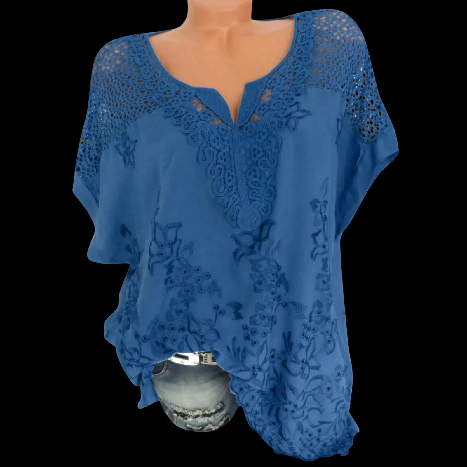 Znbbw Women Hollow V-Neck Embroidered Short-Sleeved Bat Sleeve Shirt Top Elegant Black/White/Blue Exquisite and Breathable Blouses - Image 2