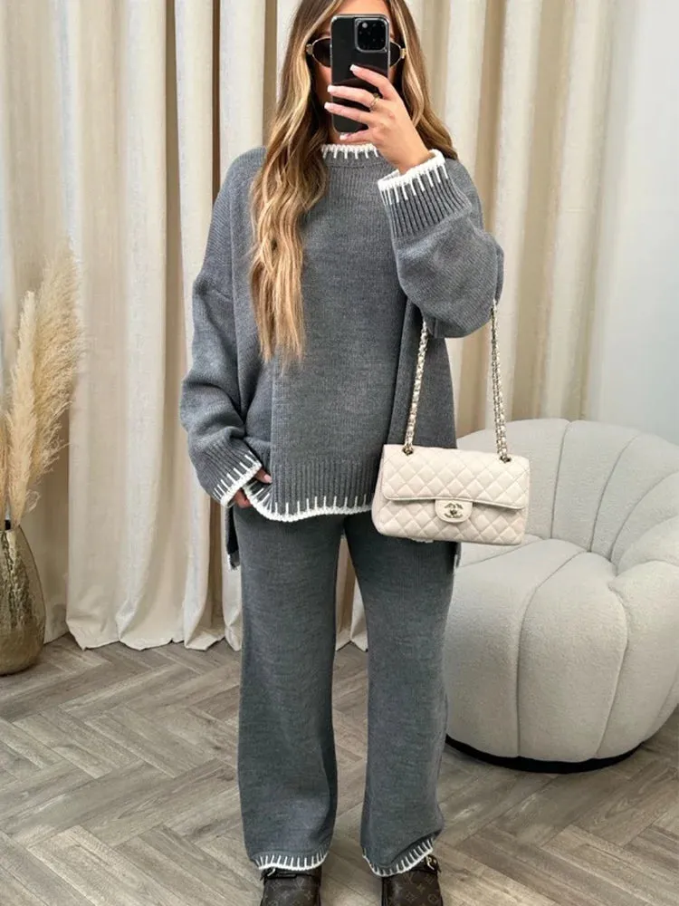 Znbbw Women's Knitwear Suit Autumn Winter Loose O-neck Long Sleeve Striped Pullover Soft High Waist Straight Pants Two-piece Suits - Image 2
