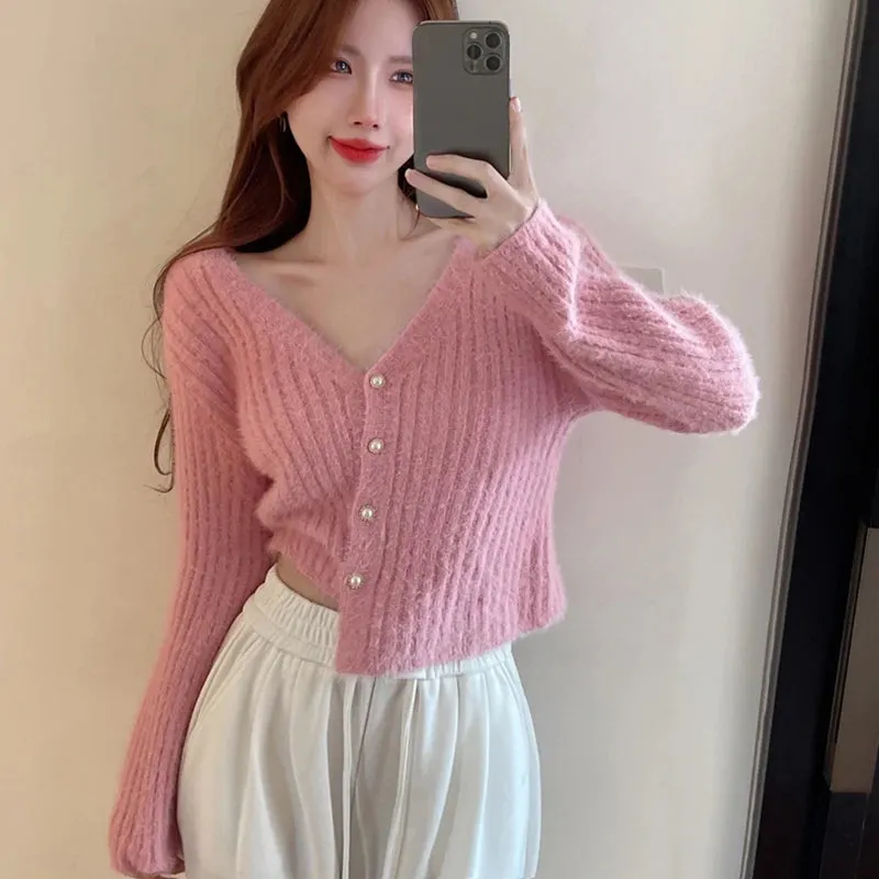 Znbbw Women's Sweater V-neck Temperament Short Style Solid Color Knitted Pearl Buckle Women's Top Sweater - Image 4