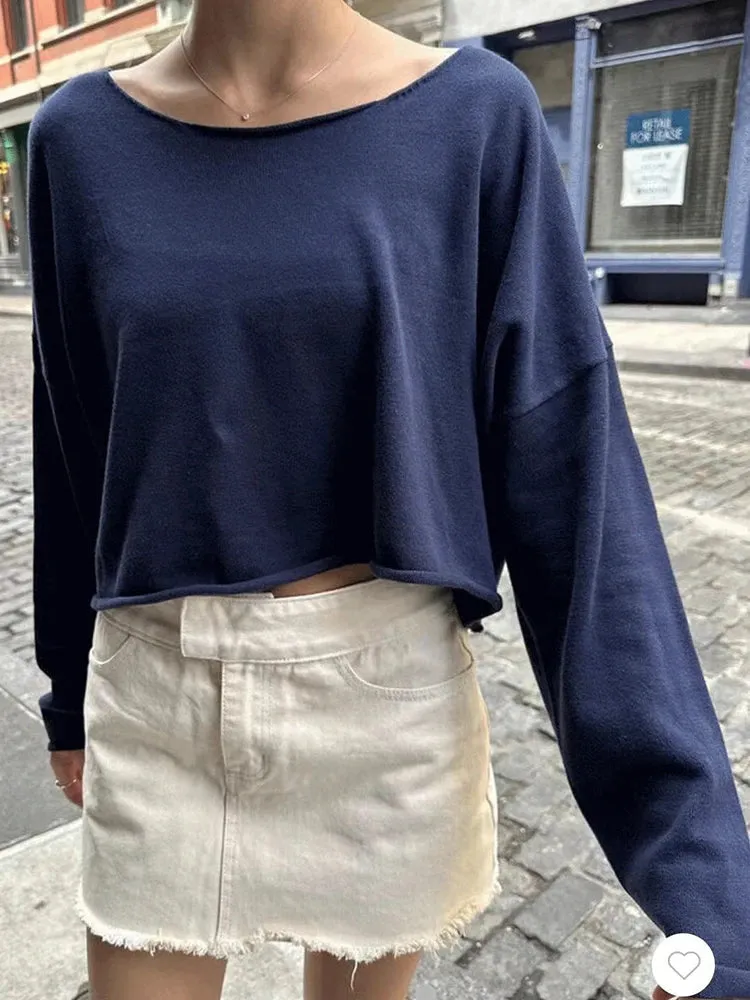 Znbbw Women Solid Raw Trim Cropped Sweatshirts Sexy Scoop Neck Soft Cotton Autumn Pullovers Top Vintage Streetwear Loose Hoodies Y2k