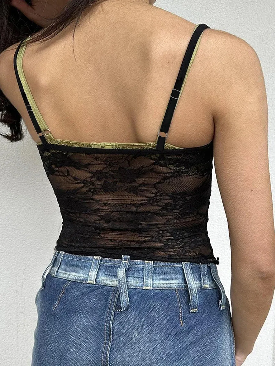 Znbbw Y2k Lace Cami Tops for Women Spaghetti Strap See-Through Camisole Square Neck Tank Tops Black Kawaii Tees - Image 4