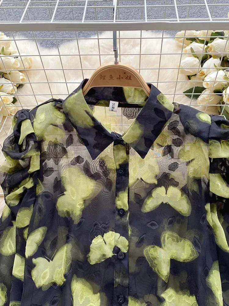 Znbbw Women Spring Autumn Shirt Retro Romantic Atmosphere Printed Shirt with Bubble Sleeves Design High Grade Small Style Top D5496 - Image 5