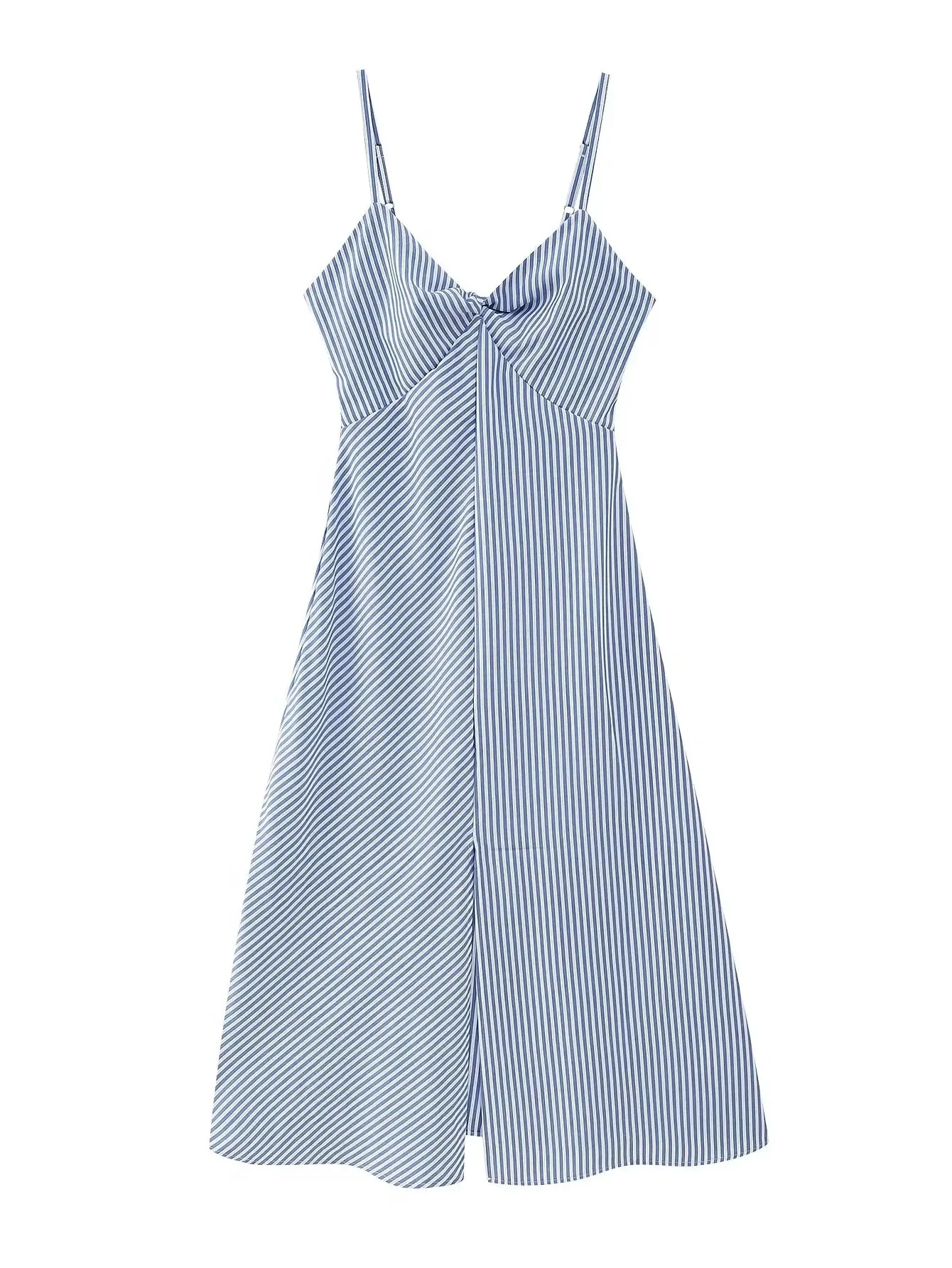 Znbbw Back Zip Blue Striped Casual Women Summer Dress Vestidos 2024 Spaghetti Strap Sleeveless Midi Long Dress Robe Sundress - Image 5