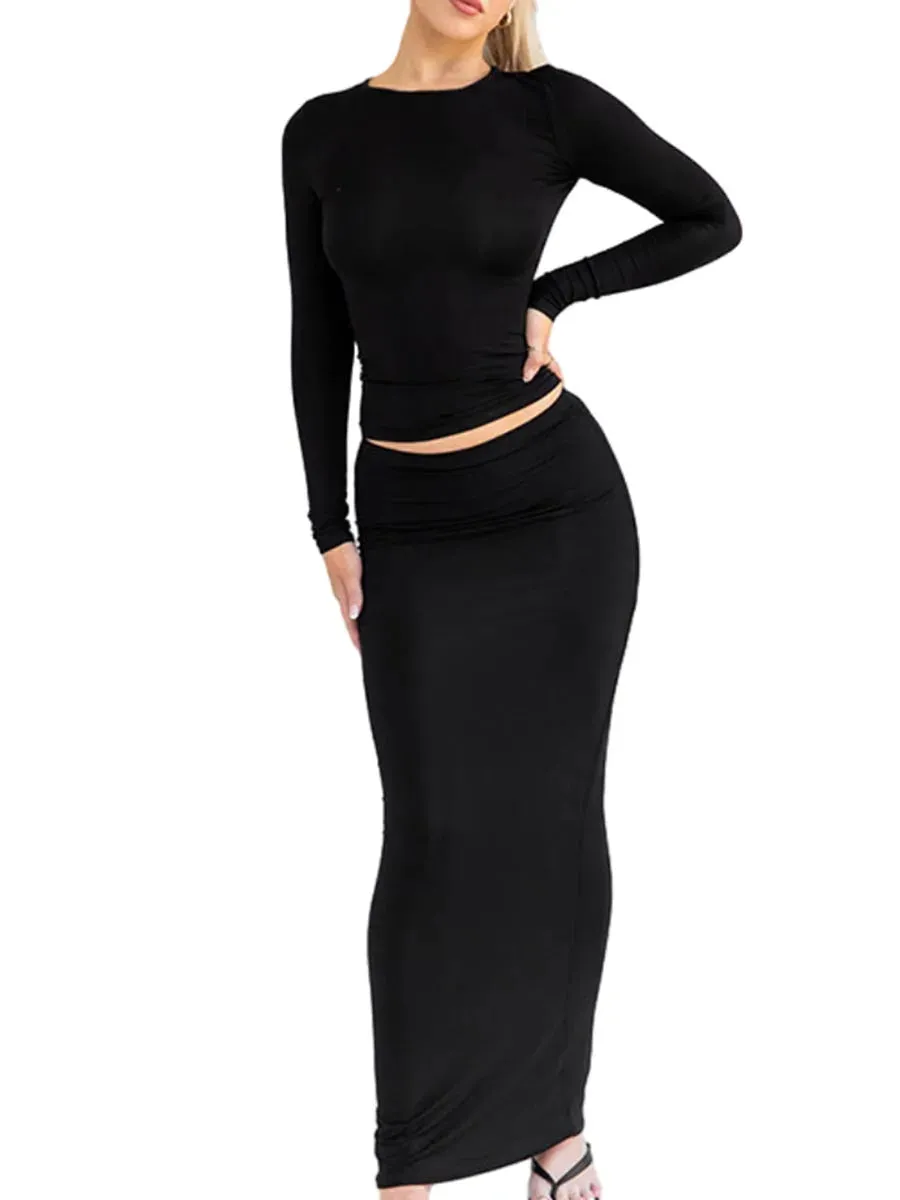 Znbbw 2 Piece Sets for Women Autumn Solid Slim Long Sleeve O-neck Crop Tops+High Waist Bodycon Long Skirts Casual Outfits Clothes - Image 7