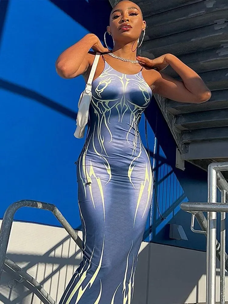Znbbw Women Printed Spaghetti Strap Maxi Dress Lady Sexy Sleeveless Long Dresses 2023 Summer Party Skinny Vestidos Y2K Clothes 914