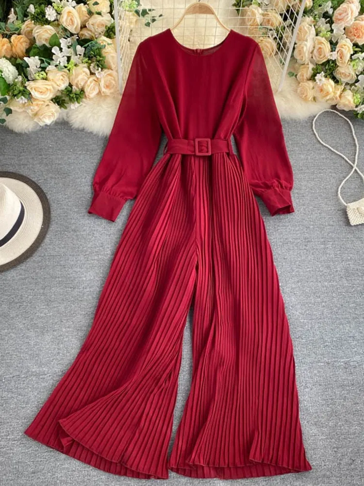 Znbbw Women's Spring Autumn Jumpsuit New Solid Color Round Neck Long-sleeved Pleated Wide-leg Pants Lace Up Thin Jumpsuit LL061 - Image 3